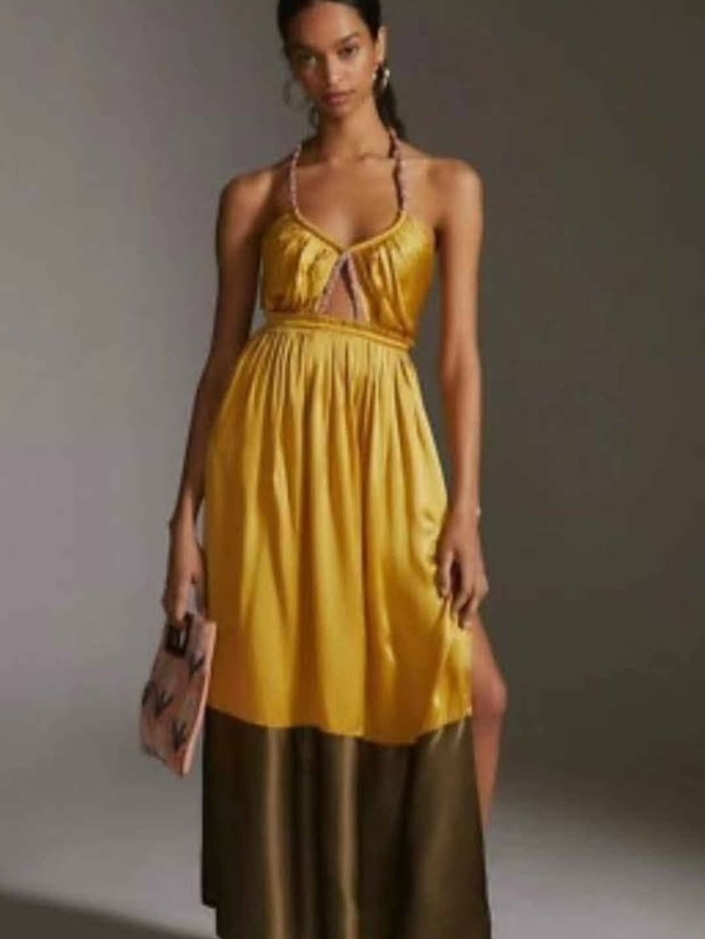 Anthropologie Yellow and Dark Hem Maxi Halter Dress